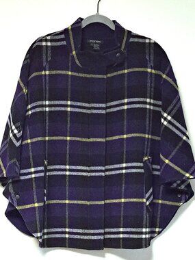 ETCETERA 70% WOOL PURPLE WHITE BLACK PLAID WINTER PONCHO SIZE SM ZIPPER FRONT